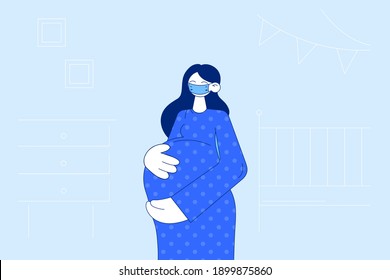 Pregnancy during coronavirus pandemic concept. Young pregnant woman cartoon character wearing medical protection face mask standing and embracing her big tummy vector illustration