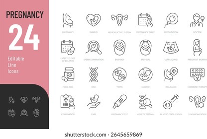 Pregnancy Editable Icons set. Vector illustration in modern thin line style of motherhood related icons: fertility, hormone therapy, medical examination, and more. Isolated on transparent background.