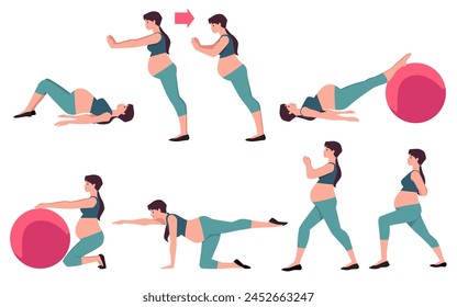 Pregnancy exercises set. Pregnant woman doing sport workout with fit ball. Yoga or fitness training for pregnant. Healthy lifestyle. Vector flat illustrations isolated on white background