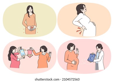 Pregnancy and expecting for baby concept. Set of happy smiling pregnant woman looking at ultrasound from doctor feeling happy expecting choosing clothes for kid vector illustration