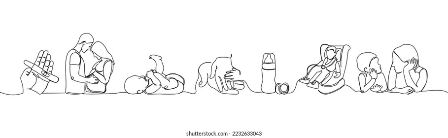 Pregnancy, family, childbirth, love, baby, son, daughter set one line art. Continuous line drawing of pregnancy, motherhood, preparation for childbirth, family, expectation of a child.