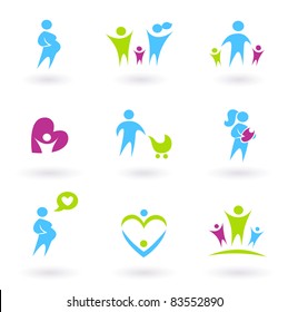 Pregnancy, Family and Parenthood icons isolated on white Icon collection - Family, Pregnancy and Parenthood - blue and green