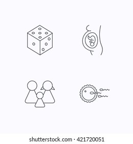 Pregnancy, family and family planning icons. Dice linear sign. Flat linear icons on white background. Vector