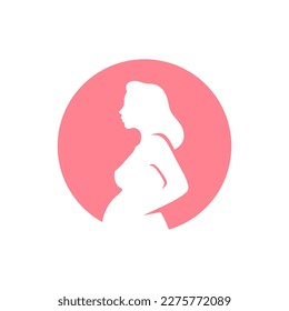 Pregnancy female motherhood care prenatal healthcare check pink silhouette vintage icon vector flat illustration. Woman pregnant gynecology health childbirth medical family beauty love body belly