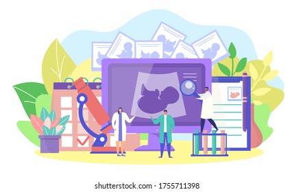 Pregnancy fertility concept, vector illustration. Medical treatment, flat gynecology cartoon background. Doctor character care about baby in clinic center, cartoon family healthcare and maternity.