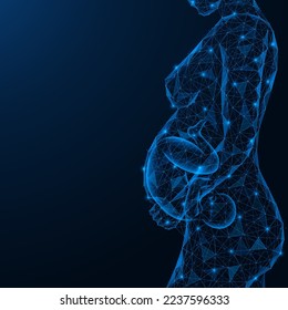 Pregnancy, fetal development in a woman's abdomen. Polygonal design of interconnected lines and points. Blue background.
