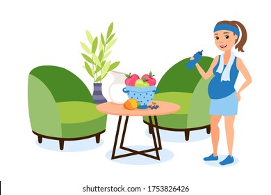 Pregnancy final, after training maintains water balance in body vector illustration. Healthy lifestyle while carrying child, sport and proper nutrition. Expectant mother in tracksuit at living room.