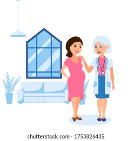 Pregnancy final, consultation with personal obstetrician gynecologist vector illustration. Woman with big tummy talking to elderly doctor in clinic. Hospital worker with stethoscope, bright room.