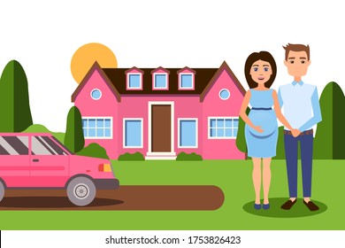 Pregnancy final in wealthy family vector illustration. Happy couple, husband and wife expecting baby standing near cartoon large house and car. Character girl with tummy hold man hand.