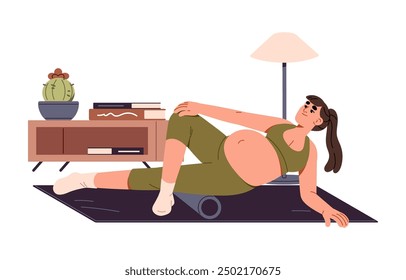 Ejercicio del embarazo en interiores. Mujer embarazada entrenando con rodillo de espuma. La futura madre hace ejercicios deportivos, entrenamiento. Chica feliz con el vientre practica pilates. Ilustración vectorial aislada plana en blanco