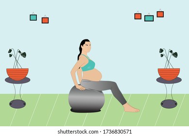 Pregnancy fitness and yoga in third trimester. Pregnant women sitting on a fit ball.