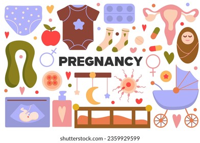 Pregnancy flat cartoon set. A whimsically designed illustration set in cartoon style, featuring a range of essential items for expectant mothers during pregnancy. Vector illustration.