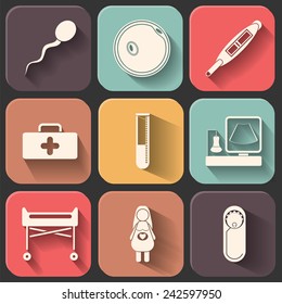 Pregnancy flat icon set on color fade shadow effect.