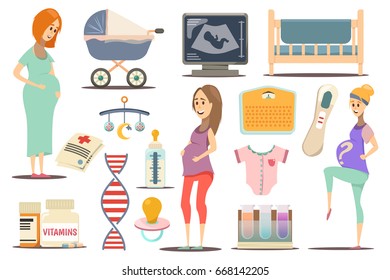 Pregnancy flat icon set with pregnant women attributes for child and health vector illustration