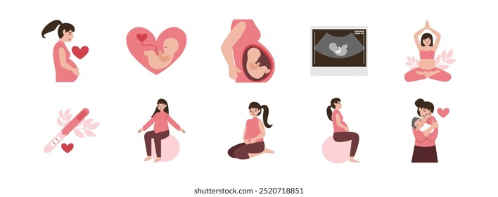 Pregnancy flat illustration set. Include of pregnancy, woman, baby, mother, and prenatal. Vector illustration isolated