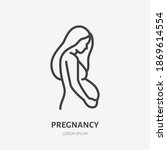 Pregnancy flat line icon. Vector outline illustration of pregnant woman. Black color thin linear sign for gynecologist.