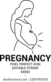 Pregnancy flat line icon. Vector outline illustration of pregnant woman. Black color thin linear sign for gynecologist.