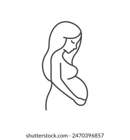 Pregnancy flat line icon. Vector outline illustration of pregnant woman. Black color thin linear sign for gynecologist.