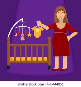 Pregnancy flat style vector illustration, pregnant woman wearing red dress staying near baby bed, holding baby clothing, mobile,  for posters and covers, on purple background