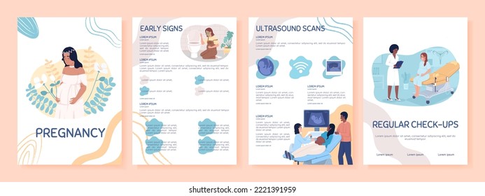 Pregnancy flat vector brochure template. Prenatal care booklet, leaflet printable flat color designs. Editable magazine page, reports kit with text space. Sniglet, Comfortaa fonts used