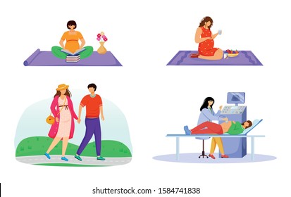 Pregnancy flat vector illustrations set. Gestation happy time. Relax, nutrition, walk, halthcare. Young women waiting of baby isolated cartoon characters on white background