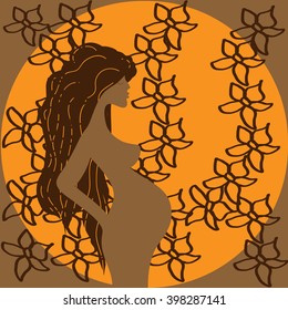 Pregnancy girl with floral ornament
Illustration of a pregnant woman with long hair on a round orange background with a pattern of flowers
