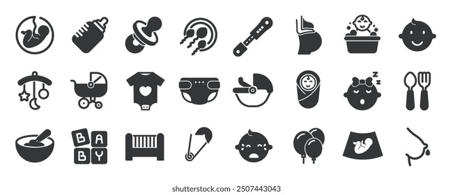 Pregnancy glyph solid icons collection. Containing baby, mother, pregnant, birt, born. Minimal icon and symbol series vector illustration