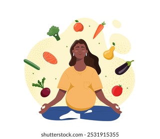 Embarazo y buena nutrición. Mujer embarazada se sienta en posición de loto con verduras. Productos naturales y orgánicos con vitaminas. Estilo de vida saludable, yoga y deportes. Ilustración vectorial plana