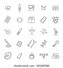 Pregnancy, gynecology, childbirth and motherhood line icons set