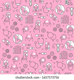 Pregnancy and gynecology seamless pattern on pink background. Pregnant woman, fetus, newborn, uterus, medical tools. Vector illustration 