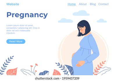 Pregnancy health landing page. Flat pregnant woman wearing maternity clothes on white floral outdoor background. Young lady expecting a baby hold pregnant belly. Cartoon motherhood vector illustration