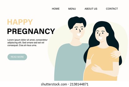 Pregnancy health landing web page template. Loving couple man, pregnant woman holding belly, expecting the childbirth. Motherhood, maternity, parenthood concepts. Flat vector isolated illustration.