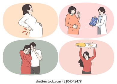 Pregnancy healthcare and support concept. Set of pregnant woman feeling pain in back looking at ultrasound from doctor crying after losing baby feeling happy knowing of pregnancy vector illustration