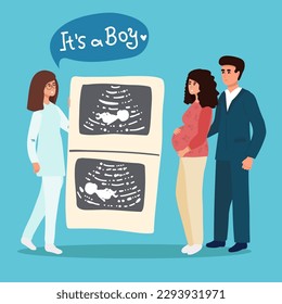 Pregnancy healthcare and support concept. Set of pregnant woman feeling pain in back looking at ultrasound from doctor crying after losing baby feeling happy knowing of pregnancy vector illustration,