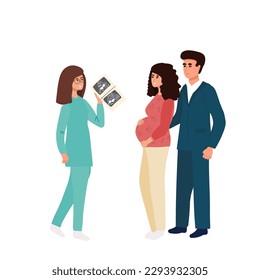 Pregnancy healthcare and support concept. Set of pregnant woman feeling pain in back looking at ultrasound from doctor crying after losing baby feeling happy knowing of pregnancy vector illustration
