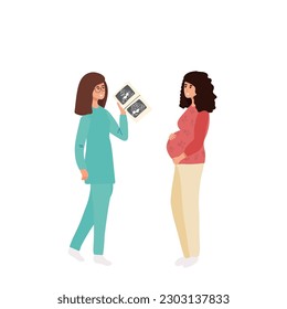 Pregnancy healthcare and support concept. Set of pregnant woman feeling pain in back looking at ultrasound from doctor crying after losing baby feeling happy knowing of pregnancy vector illustration