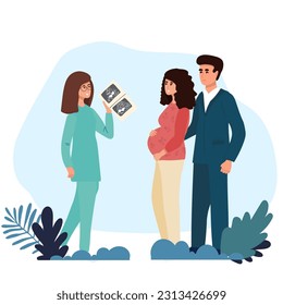 Pregnancy healthcare and support concept. Set of pregnant woman feeling pain in back looking at ultrasound from doctor crying after losing baby feeling happy knowing of pregnancy vector illustration