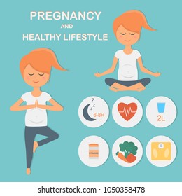 Pregnancy and a healthy lifestyle, health infographics, yoga exercises for pregnant women, tips for a healthy lifestyle during pregnancy, healthy eating, sleep, weight, water. Vector illustration.