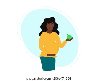 Pregnancy healthy nutrition. Pregnant african american woman holding apple in hand. Woman standing, smiling and going to eat. Vector flat illustration.