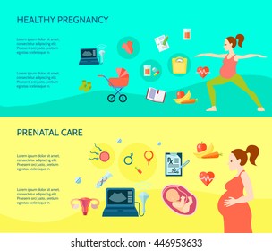 Pregnancy horizontal compositions set with healthy pregnancy symbols flat isolated vector illustration 