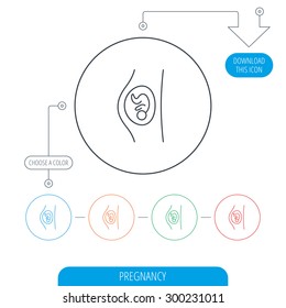 Pregnancy icon. Medical genecology sign. Obstetrics symbol. Line circle buttons. Download arrow symbol. Vector