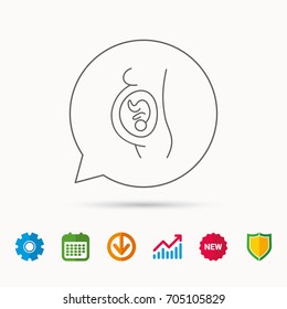Pregnancy icon. Medical genecology sign. Obstetrics symbol. Calendar, Graph chart and Cogwheel signs. Download and Shield web icons. Vector