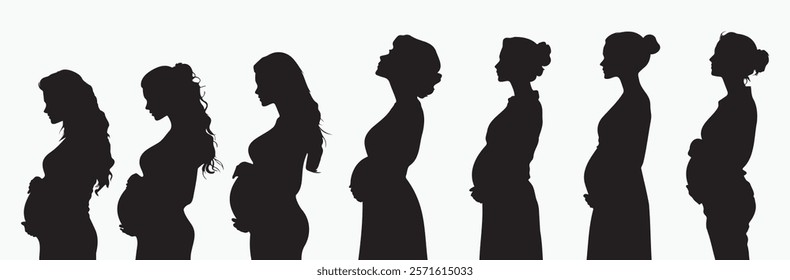 Pregnancy icon. Pregnant woman, maternal, lady, fertility, mom, baby, mother, gynecology, health concept   Black vector silhouette set