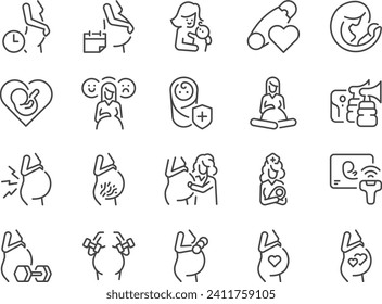 Pregnancy icon set. It included pregnant, mom, mother, Prenatal Care, and more icons. Editable Vector Stroke.