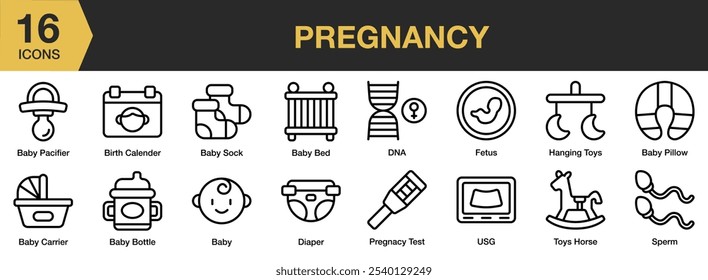 Pregnancy icon set. Includes baby bed, bottle, carrier, pacifier, pillow, and More. Outline icons vector collection.