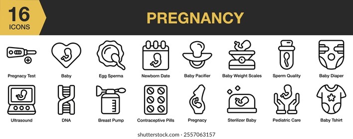 Pregnancy icon set. Includes baby pacifier, sperm quality, newborn date, tshirt, sterilizer baby, pediatric care, and More. Outline icons vector collection.