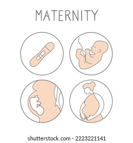 Pregnancy icon set. Linear simple illustration fertilization and childbirth. Motherhood signs. Vector