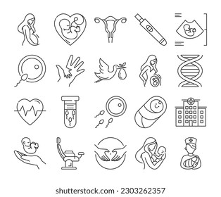 Pregnancy icon set vector isolated. Collection of line symbols, female person adn newborn. Pregnancy test, embryo in ultrasound. Sperm in test tube, mother touching bell and chair for gynecology.