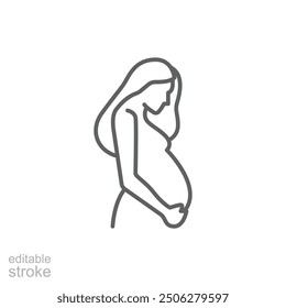 Pregnancy icon. Simple outline style. Pregnant woman, maternal, lady, fertility, mom, baby, mother, gynecology, health concept. Thin line symbol. Vector illustration isolated. Editable stroke.