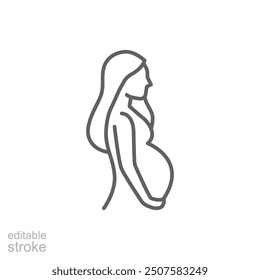 Pregnancy icon. Simple outline style. Pregnant woman, maternal, lady, fertility, mom, baby, mother, gynecology, health concept. Thin line symbol. Vector illustration isolated. Editable stroke.